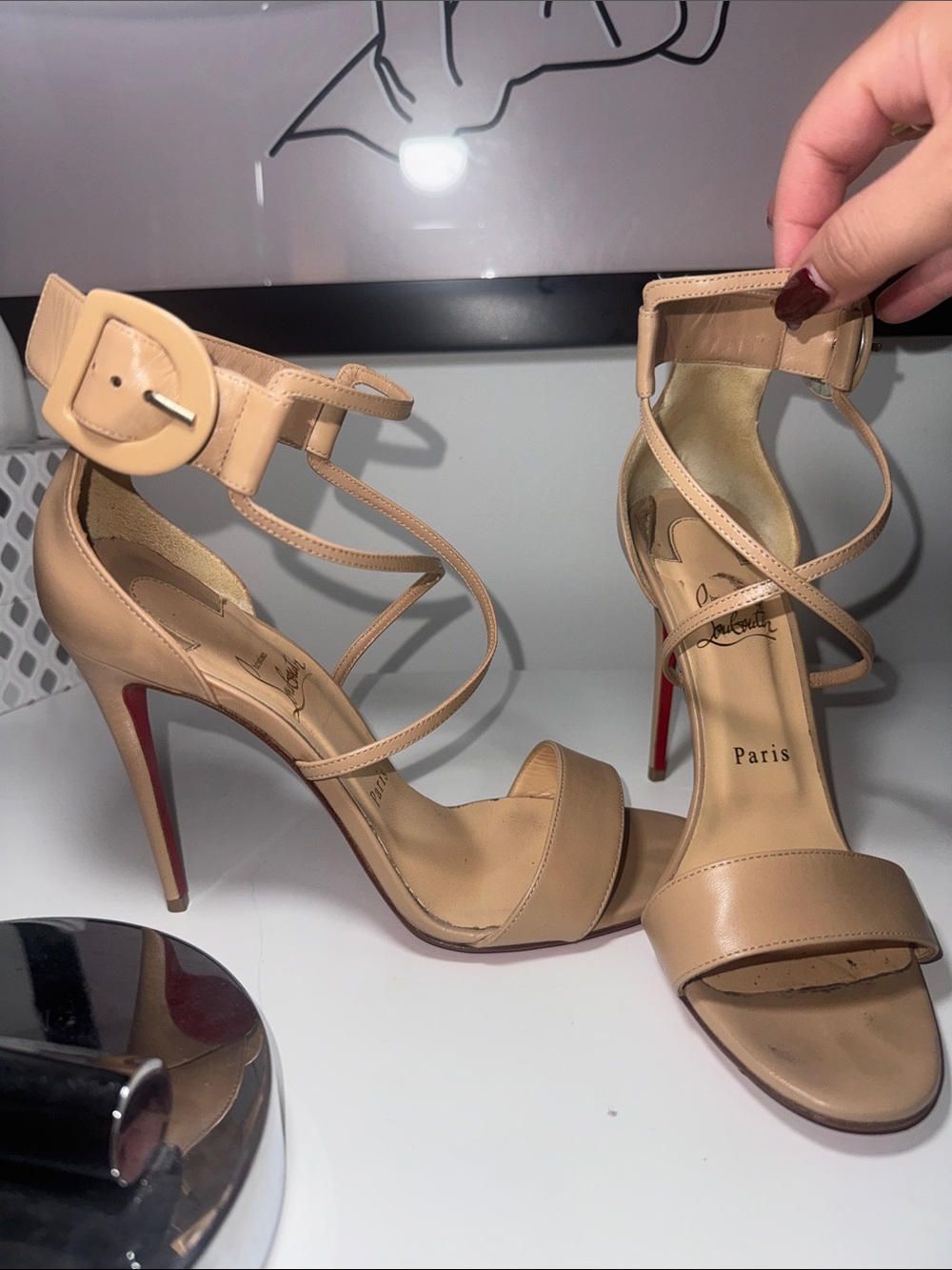 Christian Louboutin Nude Choca 100mm Leather Strappy Ankle-Buckle Heels